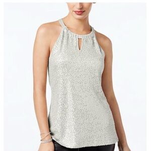 NWT I.N.C White Sequin High Button Neck Sleeveless Top Size Small Dressy